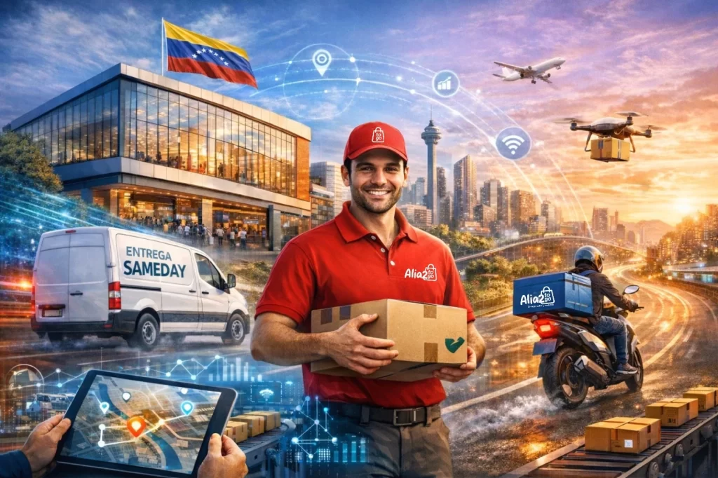 Repartidor de Logixtogo sosteniendo un paquete frente a un entorno logístico moderno en Venezuela. La imagen muestra una camioneta de 'Entrega Sameday', un motorizado, drones de reparto y una interfaz de tablet con tracking GPS sobre un fondo urbano con la bandera de Venezuela